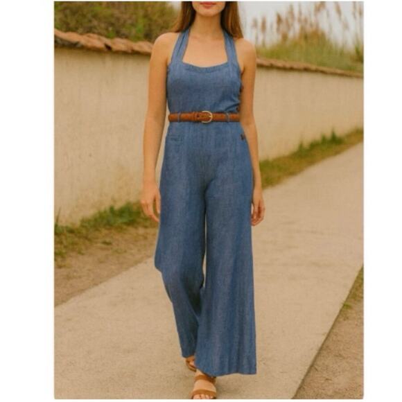 Anthropologie Elevenses Sharlene Halter Linen Blend Denim Jumpsuit Size 6 - Picture 9 of 13